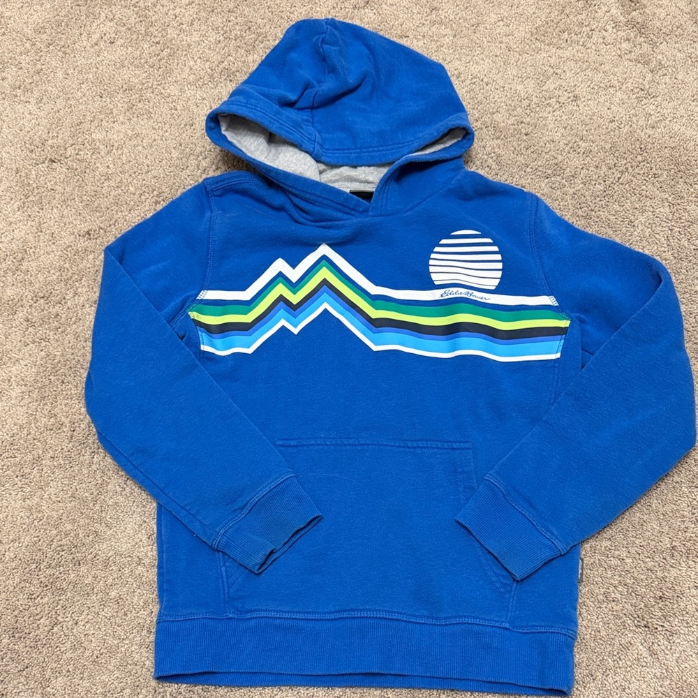 Eddie Bauer Blue Crewneck Hoodie with Multicolor Mountain Stripe